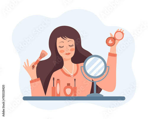 A woman does makeup in front of a mirror. Beauty concept. Illustration, clipart, vector