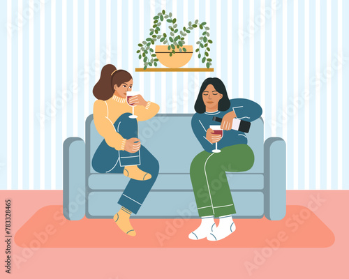 Girlfriends with glasses of wine at home against the background of a home interior. Lifestyle concept. Illustration, clipart, vector
