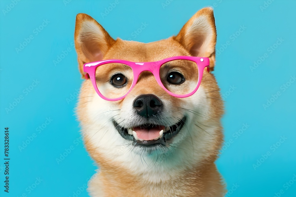 Surprised Ginger Shiba Inu Donning Pink Glasses on Blue Background Surprised Ginger Shiba Inu Donning Pink Glasses on Blue Background