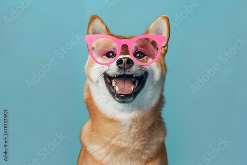 Shiba Inu Surprised in Pink Glasses on Blue Background