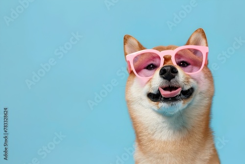 Joyful Ginger Shiba Inu Delighted in Pink Glasses on Blue Backdrop