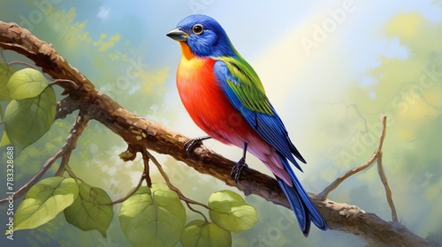 This artwork captures the stunning colors of a painted bunting bird amidst a serene backdrop of foliage and sunlight