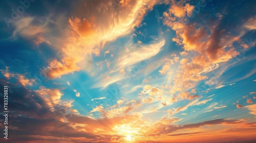 A sunset over a beach with people on the sand, AI