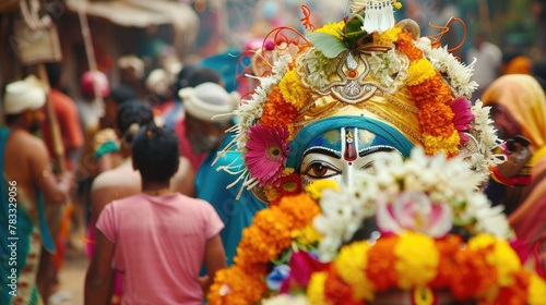Ratha Yatra, Lord Jagannath festival, parade decorated with the face of the deity in close-up, street carnival procession, yellow marigolds photo