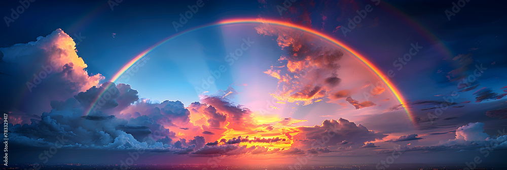 Rainbow in the blue sky with white clouds,
A rainbow over the clouds