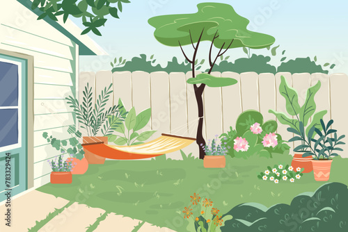 Cozy backyard with hammock and plants in pots House patio with fence, furniture for picnic green grass and tree Summer landscape of yard Vector cartoon illustration