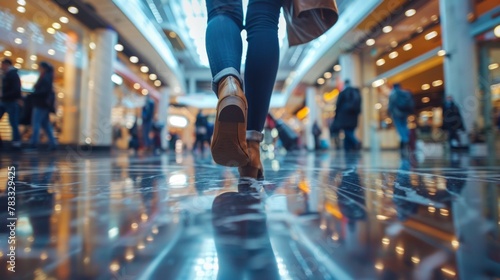 A person walking on a shiny floor with people in the background, AI