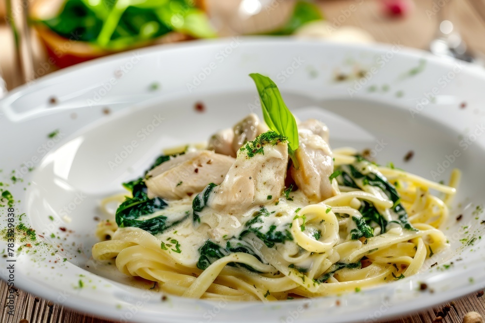A succulent chicken and spinach pasta in a creamy sauce, garnished with herbs. Creamy Chicken and Spinach Pasta Dish