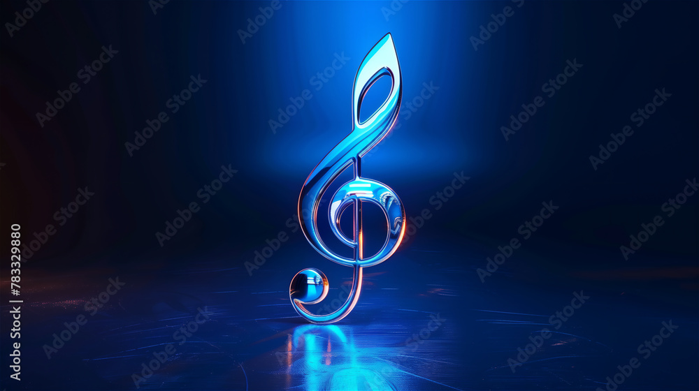 Blue glossy and shine treble clef with dark space in background.