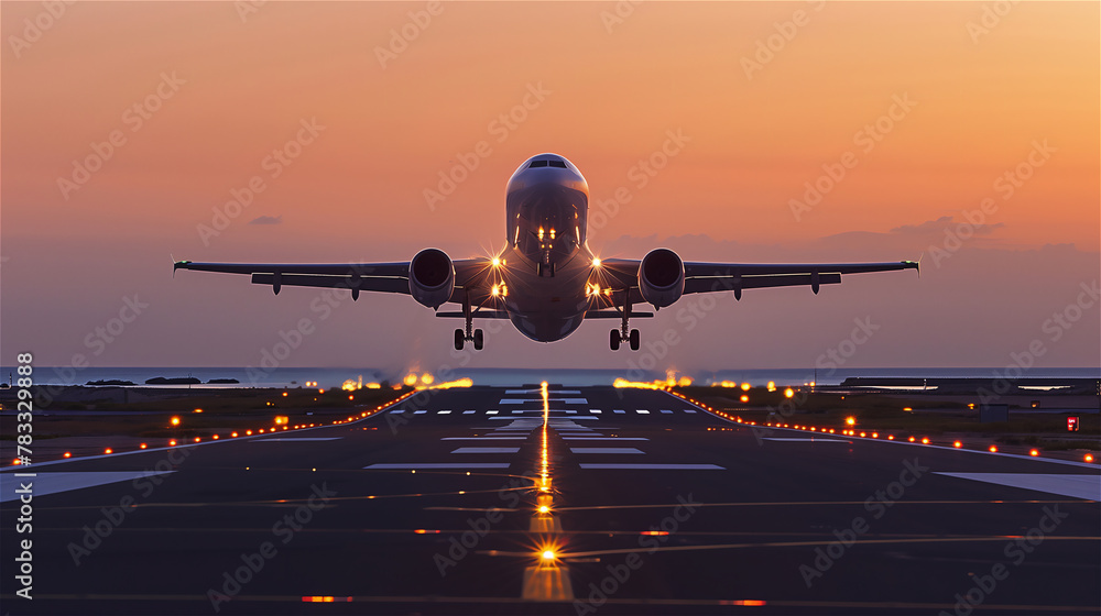 Big airplane landing or takeoff in exotic travel destination.