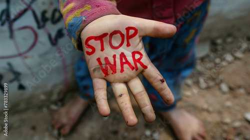 child with painted hands with text STOP WAR photo