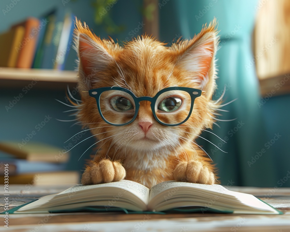 A cute kawaii 3D mascot character design ginger cat kitten wearing nerd geek glasses is sitting at a desk, reading a book. 