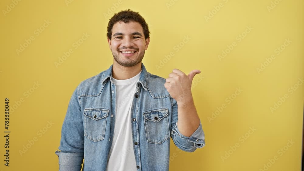 Upbeat young arab man looking away, pointing and smiling at product, standing solo against vibrant yellow cutout background, his thumb up in delight and endorsement Upbeat young arab man looking away, pointing and smiling at product, standing solo against vibrant yellow cutout background, his thumb up in delight and endorsement