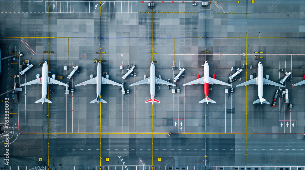 An overhead view of many large passenger planes stuck on the tarmac of a large international airport. - obrazy, fototapety, plakaty 
