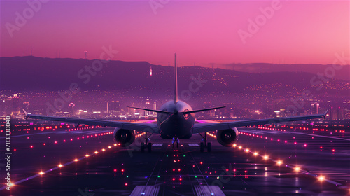 Big airplane landing or takeoff in a big city by dusk.