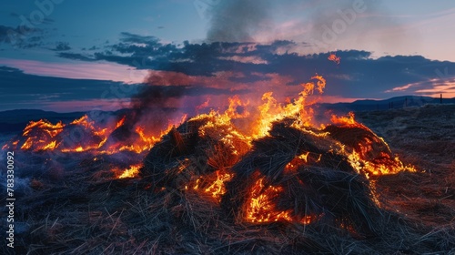 Close up of burning piles of hay lit by the glow of the bonfire flames, a witchy 