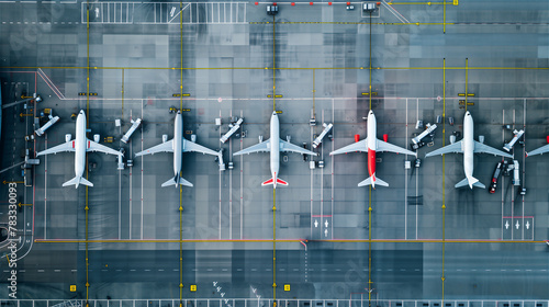 An overhead view of many large passenger planes stuck on the tarmac of a large international airport. © cegli