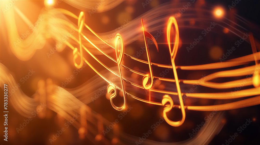 Golden musical notes on a staff wavering in space.