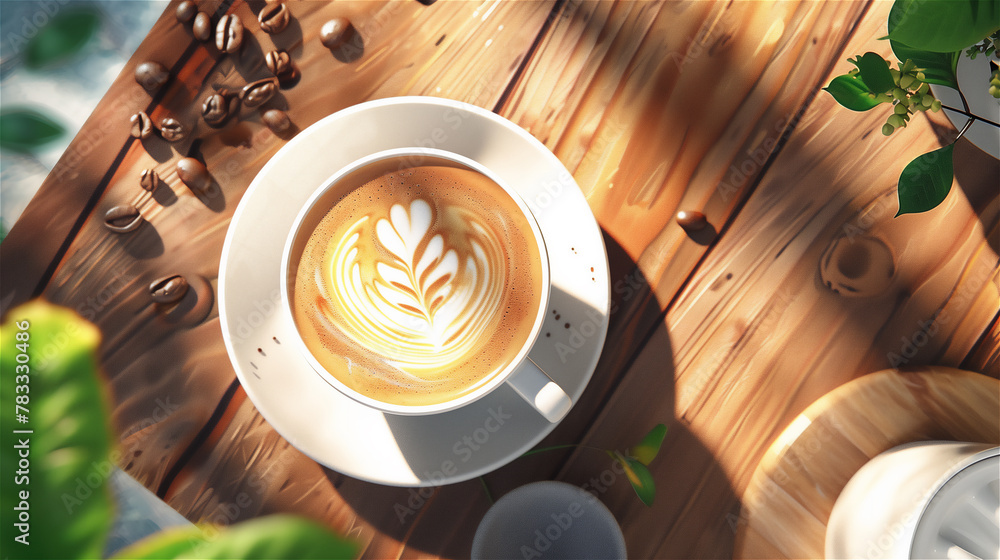 Art coffee in cup of latte coffee on wooden table.