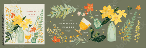 Flowers. Floral greeting card. Vector illustrations of  cute watercolor  plants, leaves,vase, bottle, glass of wine, bouquet for invitation or background. Drawings hand-drawn with gouache paints	
