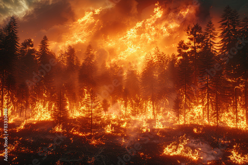 A blazing inferno roaring through the forest  devouring everything in its path with intense heat and destructive power. Concept of wildfire and devastation. Generative Ai.