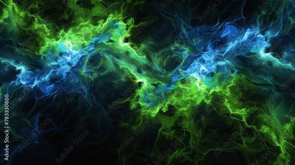 Vibrant abstract fractal illustration with vivid blue and green hues, resembling electrical energy
