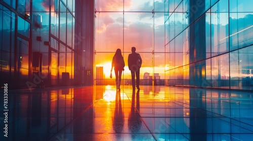 Two people standing in a large glass building at sunset, AI