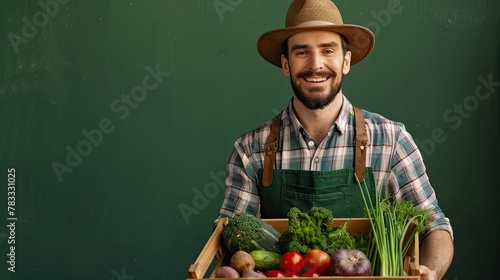 Young man gardener in apron and hat holding a wicker basket full of vegetables looking at front smiling with a happy fac,e standing over green wall.