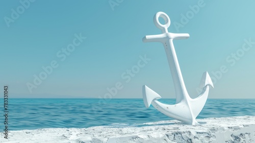 Close-up view of a white anchor resting on a weathered wooden deck, set against a clear blue ocean and sky, imparting a sense of calm and stability.