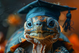 A wise old tortoise wearing a graduation cap and holding a diploma, proudly posing for a photo on stage at a commencement ceremony, celebrating years of hard work. Generative Ai.