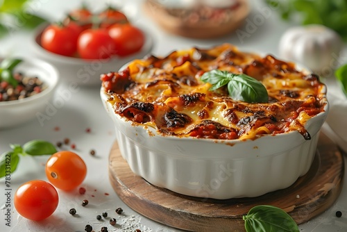 Savory Beef Lasagna: A Symphony of Flavor on a White Table. Concept Beef Lasagna, Savory Dish, Flavorful Creations, Comfort Food, Italian Cuisine photo