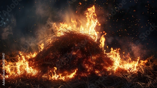 Close up of burning piles of hay lit by the glow of the bonfire flames, a witchy 