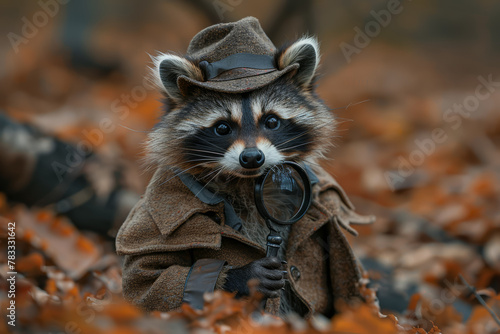 A curious raccoon donning a detective's hat and magnifying glass, searching for hidden treasures and solving mysteries in the depths of a dark and mysterious forest. Generative Ai.