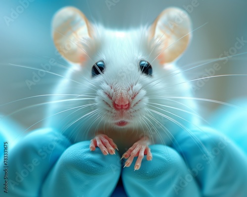 a veterinarian in blue silicone gloves carefully holds a pet rat for a veterinary examination 