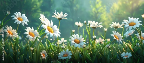 Blooming white daisies cover a vast field surrounded by vibrant green grass under the sunlight photo