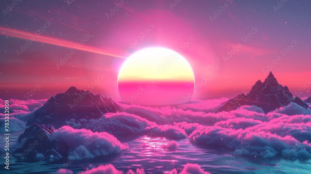A sunset over the ocean with clouds and mountains in front of it, AI