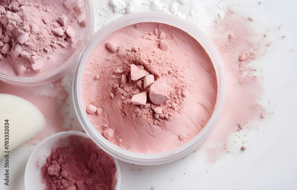 colorful makeup powder and blush on white wooden table soft ligh colorful makeup powder and blush on white wooden table soft ligh