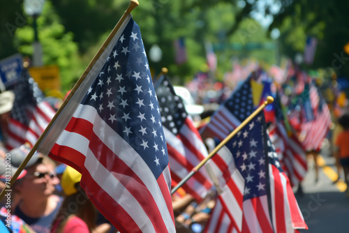 A patriotic crowd waving American flags at a Flag Day parade. Generative AI
