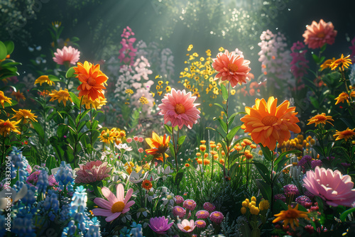 A garden blooming with diverse flowers of all colors and shapes, portraying the beauty and diversity of life in a harmonious ecosystem. Concept of diversity and harmony. Generative Ai.