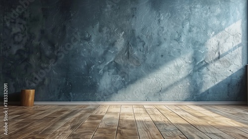 A room with a blue wall and wooden flooring, AI