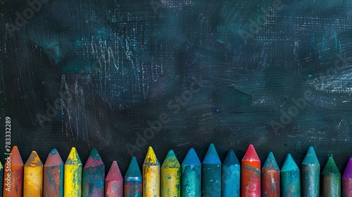 Colorful wax crayons lined up against a blackboard background. Creativity and education concept. Perfect for school and art projects. AI