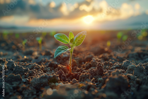 A seedling pushing through the soil towards the sunlight, representing growth and resilience in the face of adversity. Concept of growth and perseverance. Generative Ai. photo