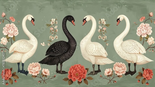 Illustration of black and white swans among flowers in retro style