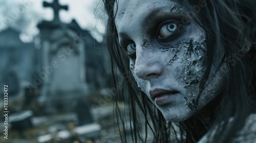 Zombie girl with blue eyes surrounded by a cemetery. She has dark hair and dirt on her face.