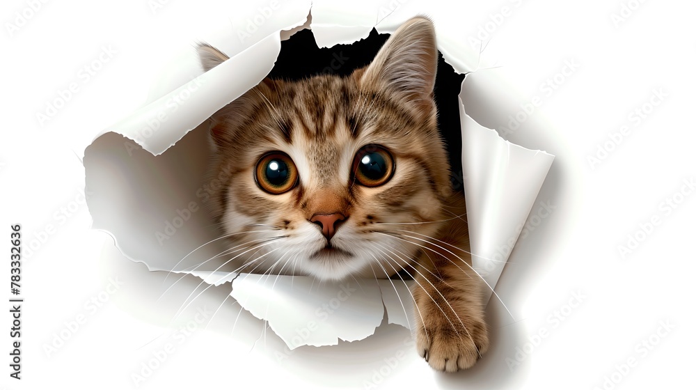 View of Adorable tabby cat peeking through a torn white paper hole. Perfect for ...