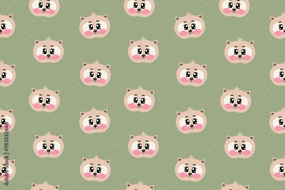 Seamless pattern with cute kawaii cat, kitty, kitten face or head for nursery, print or textile for kids on green background