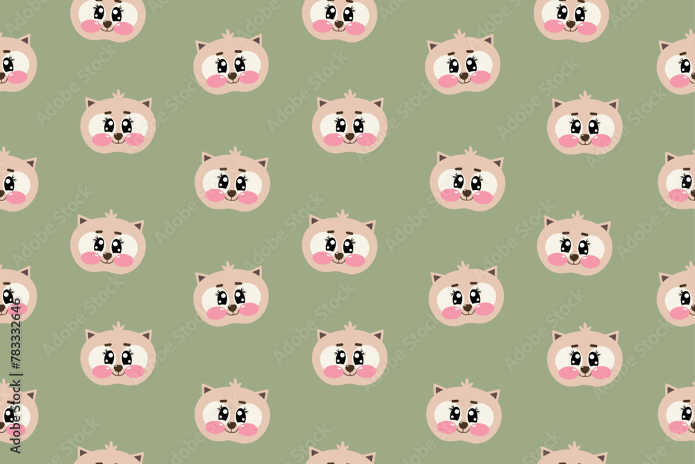 Seamless pattern with cute kawaii cat, kitty, kitten face or head for nursery, print or textile for kids on green background Seamless pattern with cute kawaii cat, kitty, kitten face or head for nursery, print or textile for kids on green background