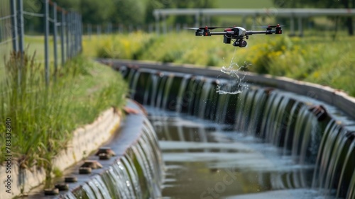 Drone flying over water sources near poultry farms, monitoring for signs of contamination that could affect biosecurity
