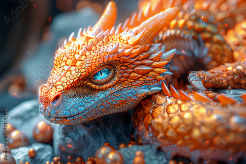 A dragon coiled around a treasure hoard, guarding it fiercely with fiery breath and sharp claws, representing the struggle for power and wealth. Concept of greed and protection. Generative Ai. photo