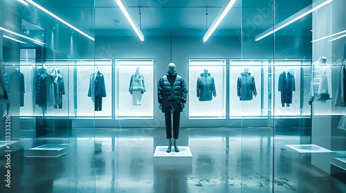 Modern Fashion Storefront with Mannequin. Stylish Clothing Display in Blue Neon Lights. Contemporary Retail Design. Perfect for Advertisements and Promotions. AI